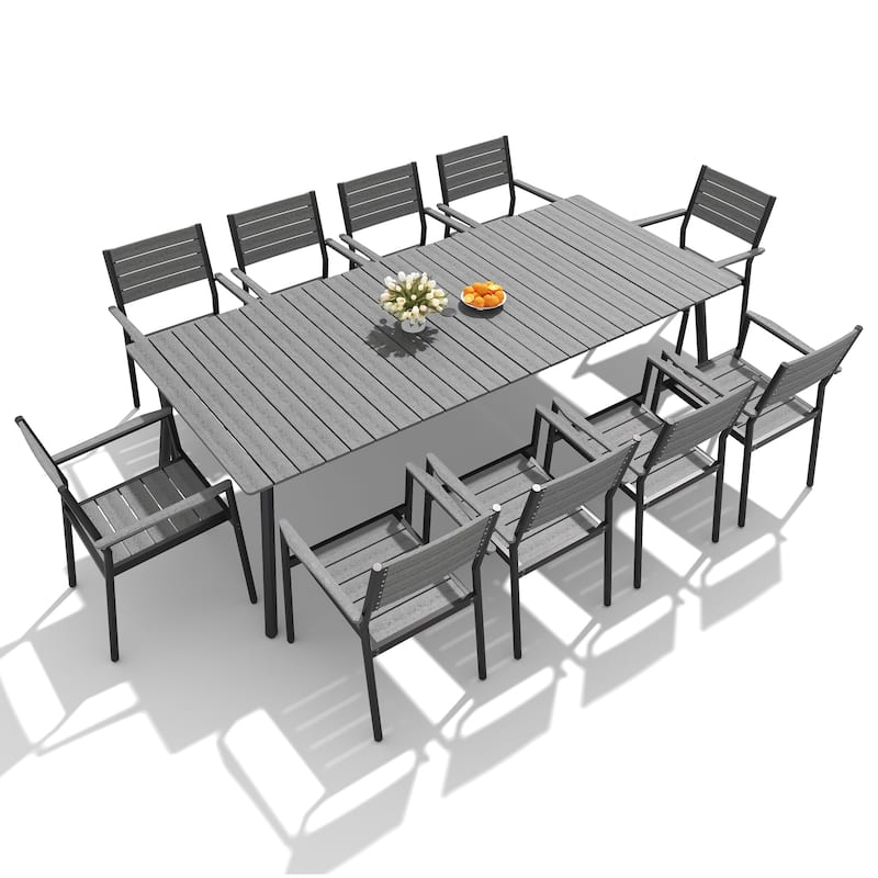 11-Piece Outdoor Dining Set Rectangle Aluminum Dining Table with Stackable Chairs - Grey