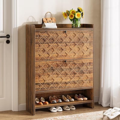 2 Flip Drawer Shoe Storage Cabinet with Open Shelf for Entryway - 32" Wide