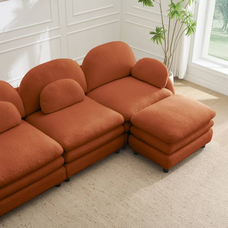 98.2" Teddy Fabric Sectional Sofa with Curved Pillows and Ottoman