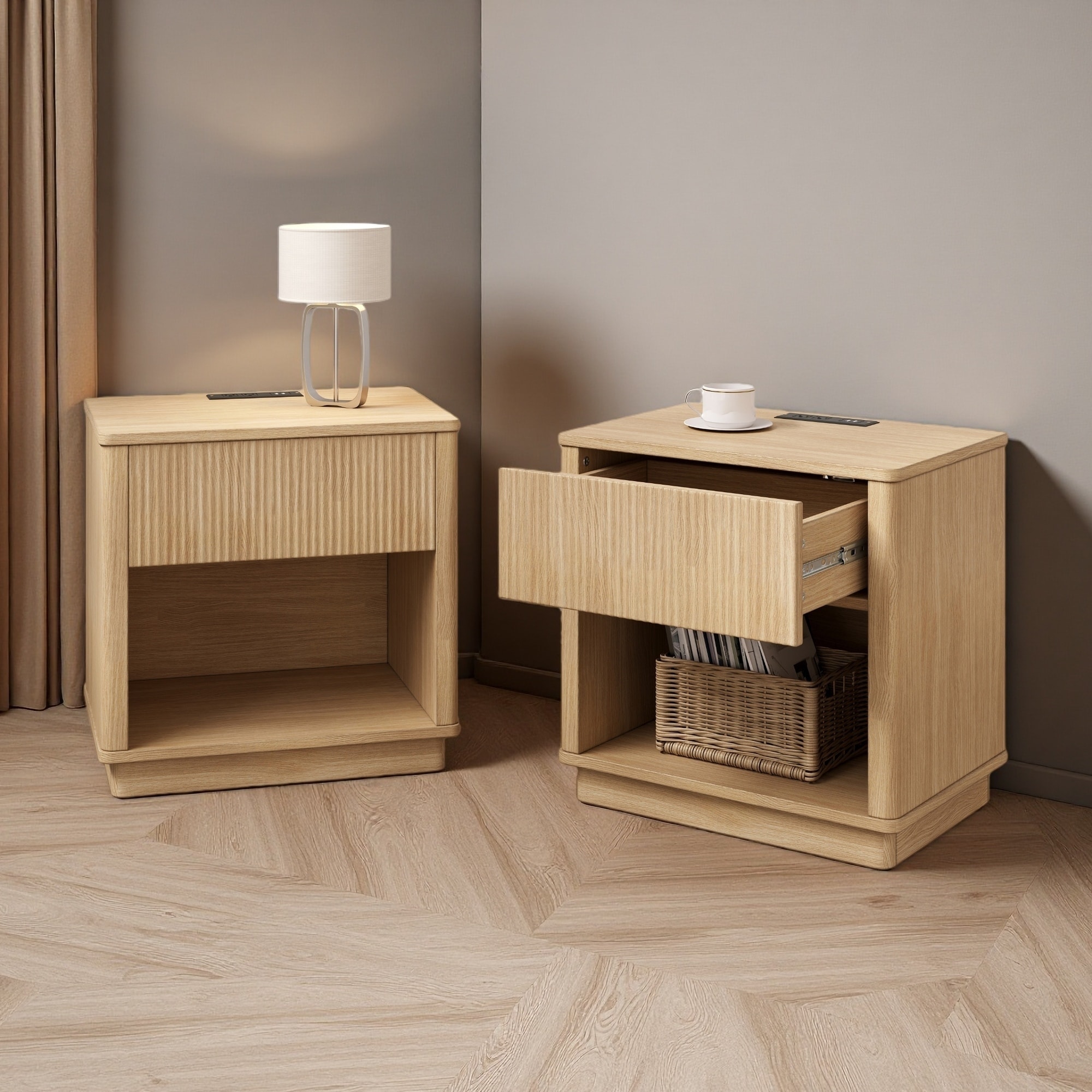 21.65"L Set of 2 Engineered Wood Nightstands with Drawer, Built-In Charging & USB Ports