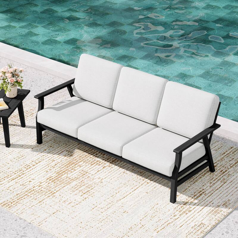 Teak Frame Outdoor Loveseat Daybed with Water-Resistant Cushions. - Beige/Daybed - Black Wood
