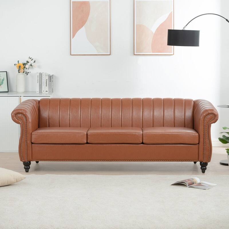 83.46" PU Rolled Arm Chesterfield Three Seater Sofa