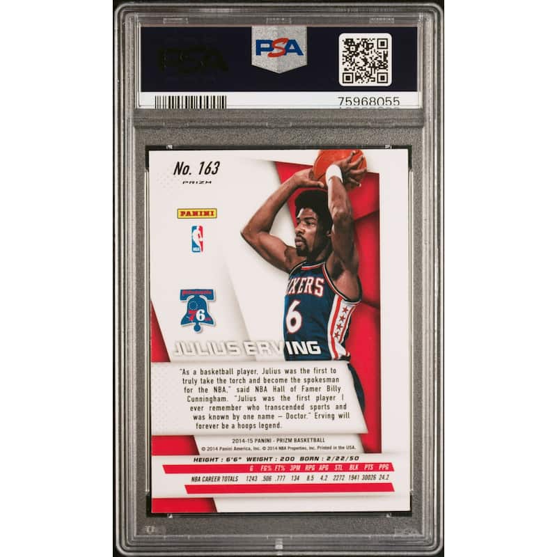 Julius Erving 2014 Panini Prizm Red White Blue Pulsar Card #163 Auto PSA 9 - 8'6" x 11'6"