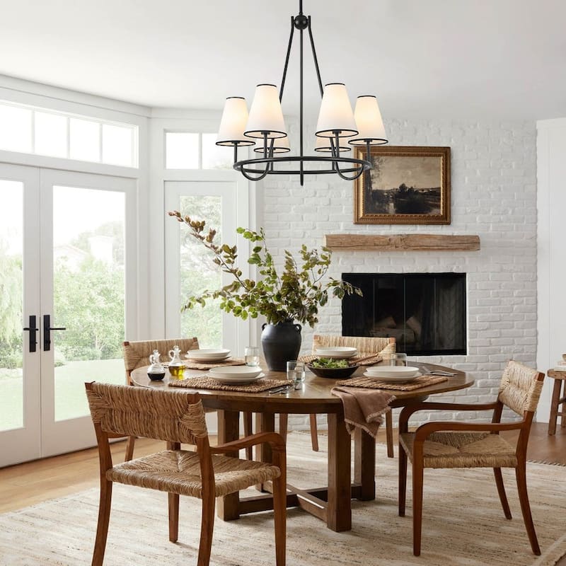 Transitional 6-Light White Fabric Cone Circular Chandelier 25.6 in