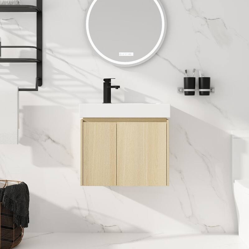 Beingnext 16''/20''/24"/30"/36" Bathroom Vanity with Sink, Floating Bathroom Vanity with Soft Close Door - 24"W - Beige-Ceramic Sink