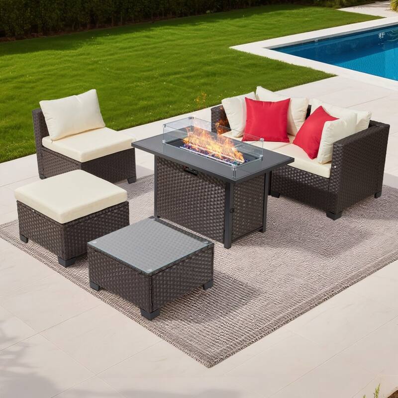 Beige-Mix Brown PE Rattan 6-Piece Patio Furniture Set with 44-Inch Fire Pit Table and Cushioned Steel Frame Sofas