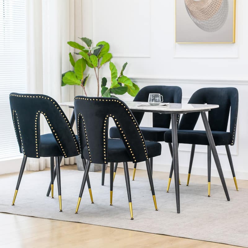 Modern Velvet Upholstered Dining Chair with Nailheads & Metal Legs - Black Set of 2