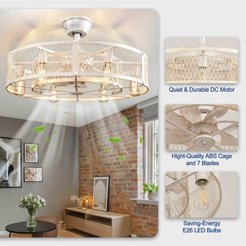 20-26" Caged outdoor Ceiling Fan with Light: Remote App Control-Farmhouse Fandelier Flush Mount Fixture Reversible 6 Speed Timer
