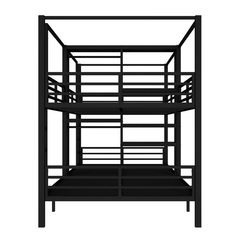 Full Size Quadruple Metal Bunk Bed with Storage Shelves Wardrobe Noise reduced Black