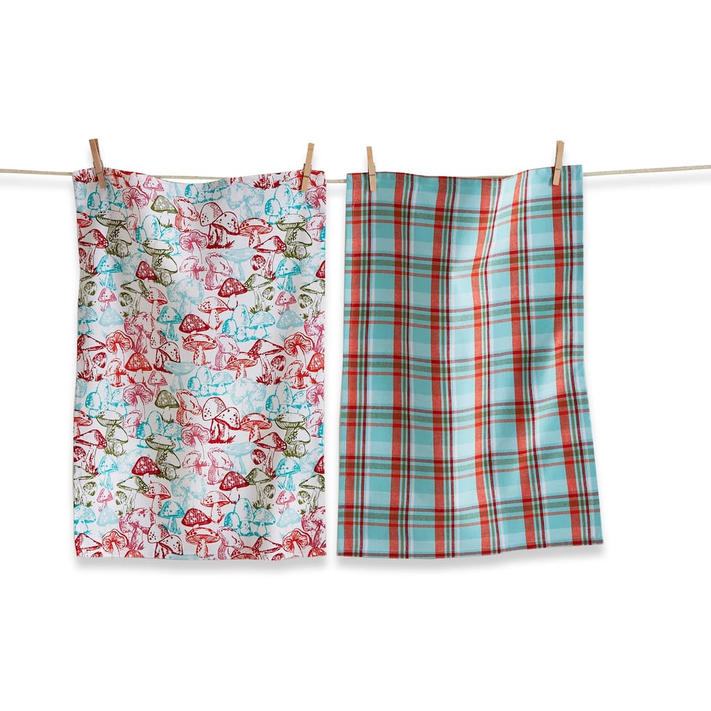 Woodcut Mushroom Dishtowel Set - Multicolor Cotton Kitchen Towels, Machine Washable, 26" x 18" for Everyday Use