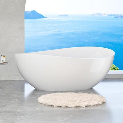 ABRUZZO 63" Freestanding Solid Surface Soaking Bathtub with Overflow & Pop-up Drain in Glossy White