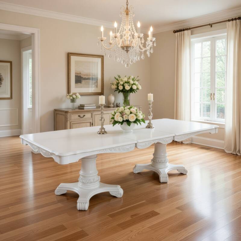Zenie Dining Table, Extension Leaf, 77-95 Inch, Classic White Solid Wood
