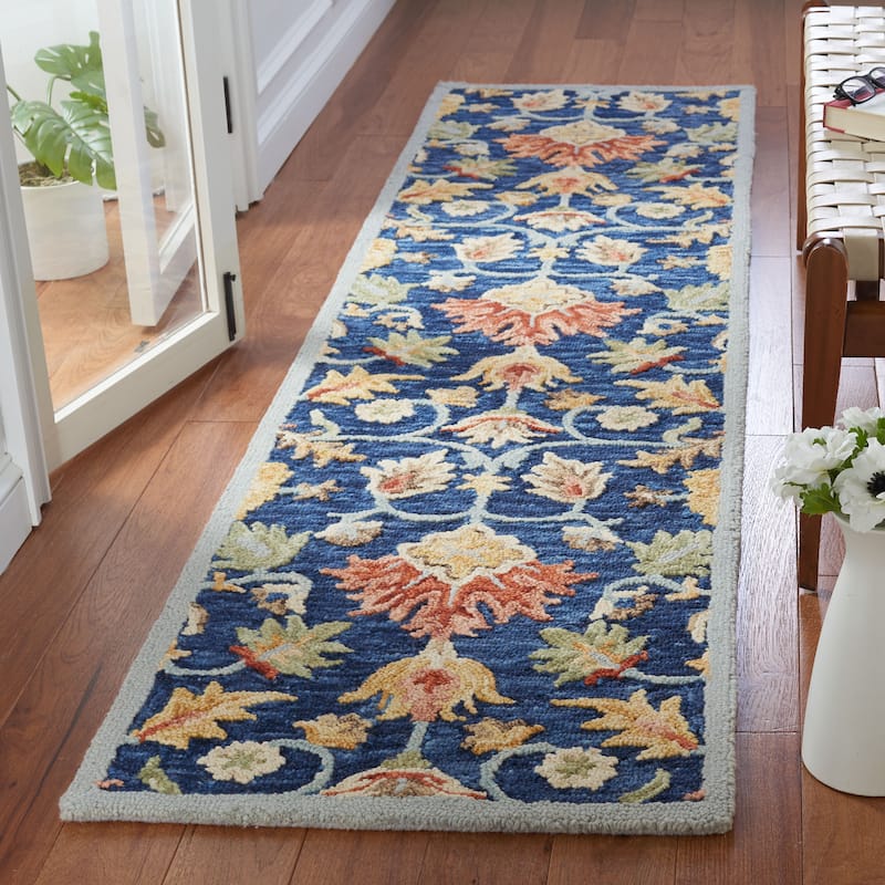 SAFAVIEH Handmade Metro Damasa French Country Wool Rug - 2'3" x 9' Runner - Blue/Orange