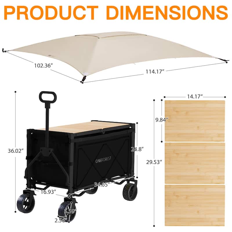 Foldable Camping Cart with Adjustable Handle, Bamboo Tabletop, Foldable storage, and Waterproof Oxford Canopy