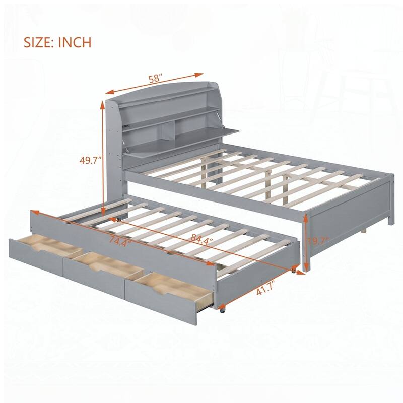 Wooden LED Platform Bed with Trundle