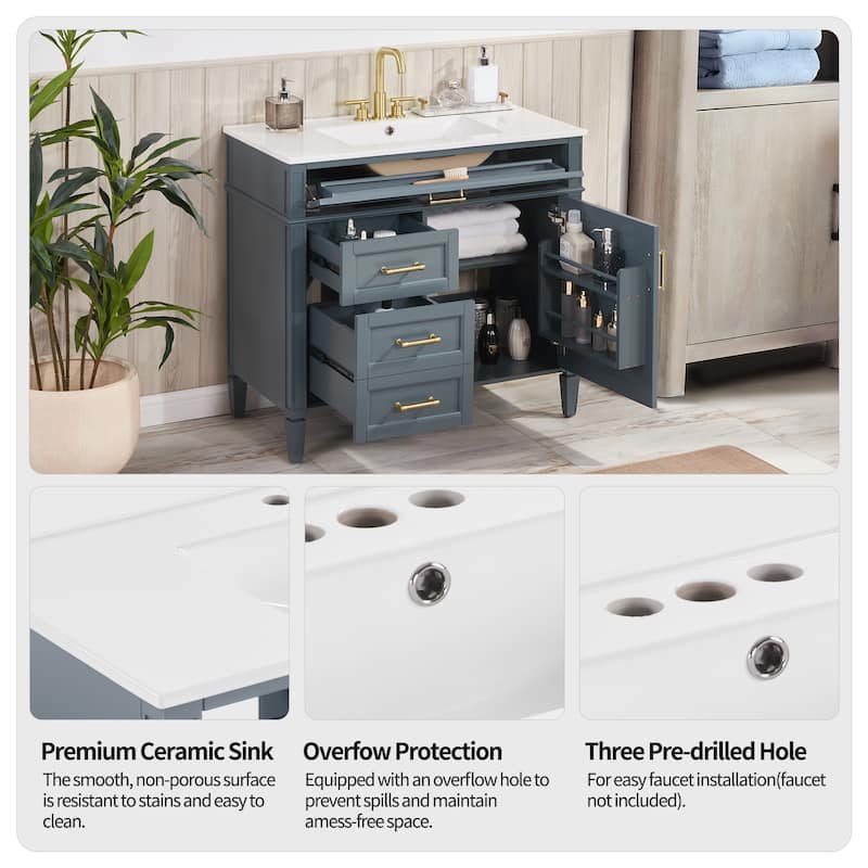 Modern 36" Freestanding Bathroom Vanity Cabinet Wood Frame with Ceramic Sink and Divided Drawers