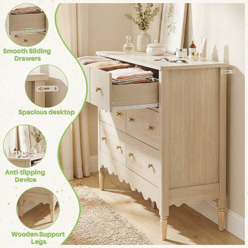 Narill Wave-Inspired 7-Drawer Dresser, 47-In Bedroom Chest of Drawers
