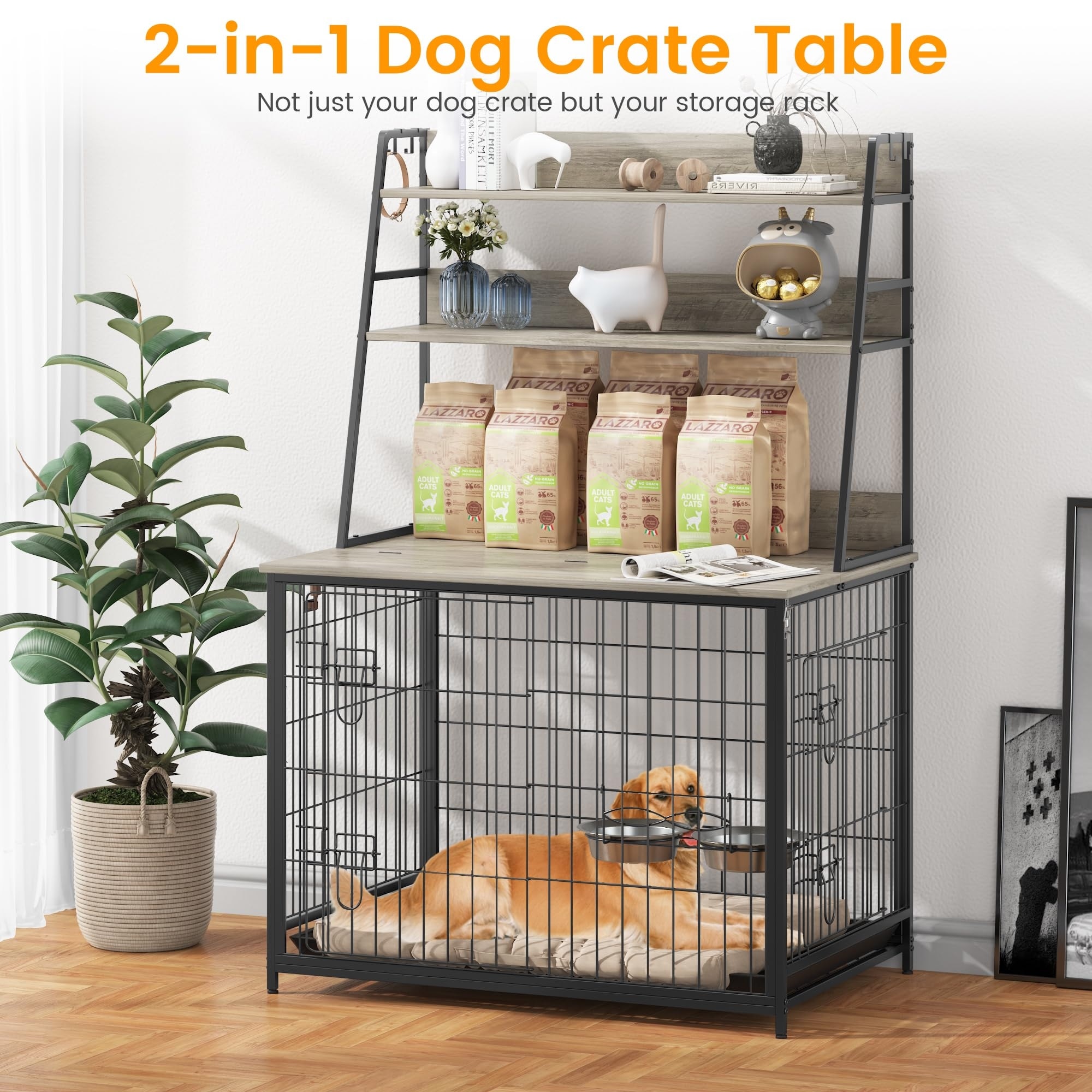 Modern Dog Crate Furniture with Storage Shelves 37.4 L x 24.4 W x 57 H Grey