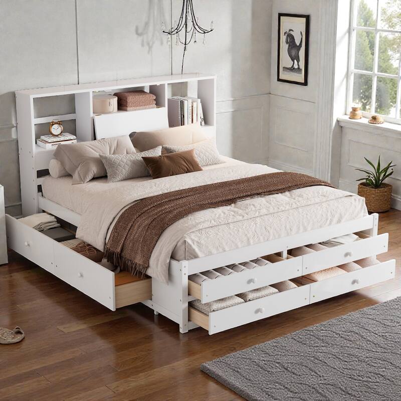 Platform Bed with Headboard Storage and 8 Drawers, Wood Bed Frame with Shelves and No Box Spring Needed