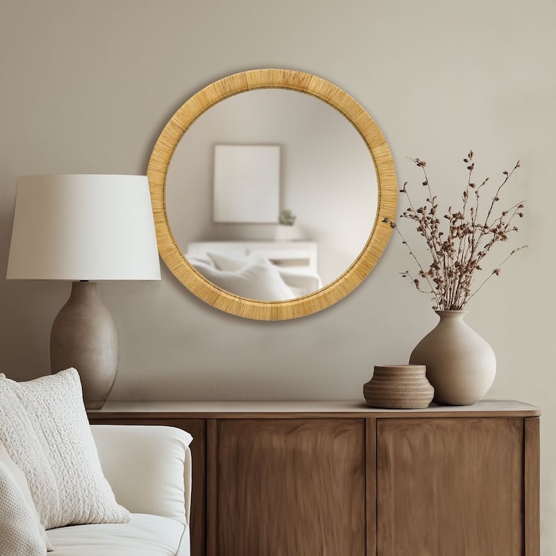 36" Dia Natural Rattan Round Wall Mirror