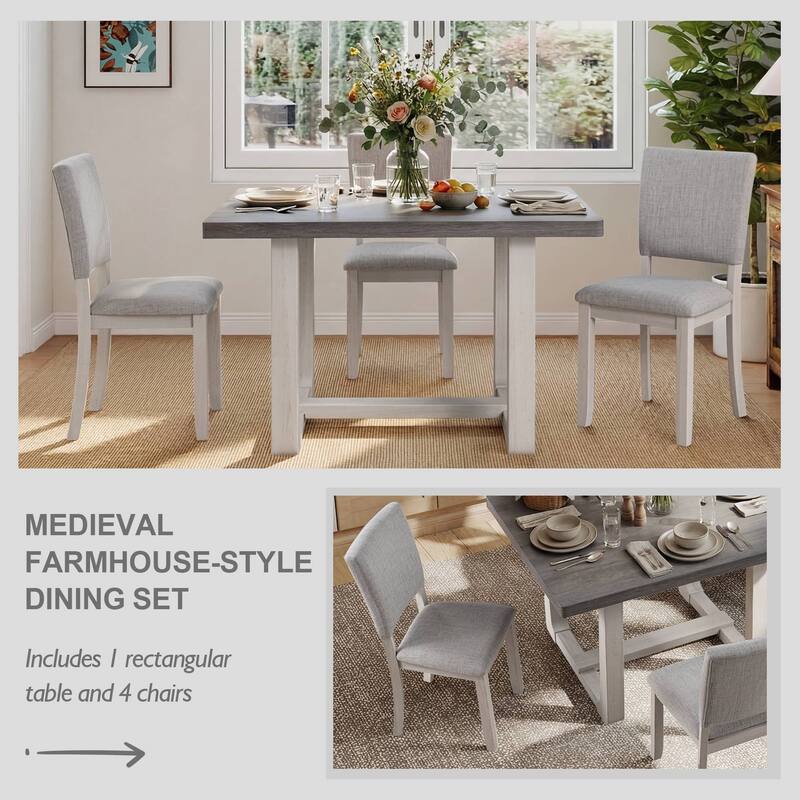 Rossetta 5-Piece Wood Transitional Farmhouse Style Dining Table Set with U-Shaped Trestle Base Table, 4 Upholstered Side Chairs