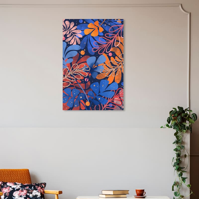 Wynwood Studio Canvas Floral and Botanical Circles and Leaves Blue and Tropical Wall Art Canvas Print - 30 x 20