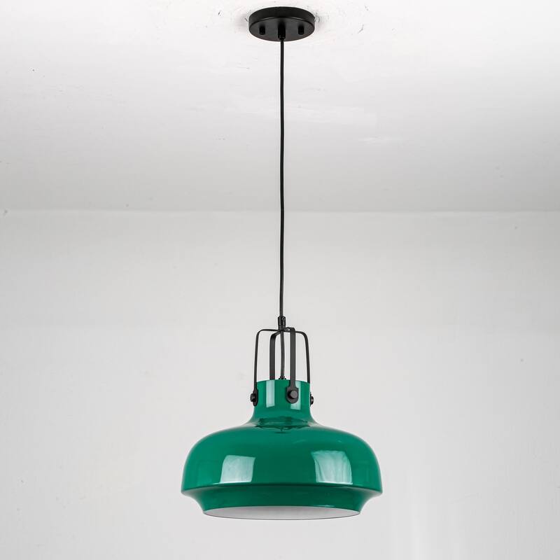 1-Light Farmhouse Industrial Green Dome Adjustable Pendant Hanging Light with Matte Black Hardware for Kitchen Island