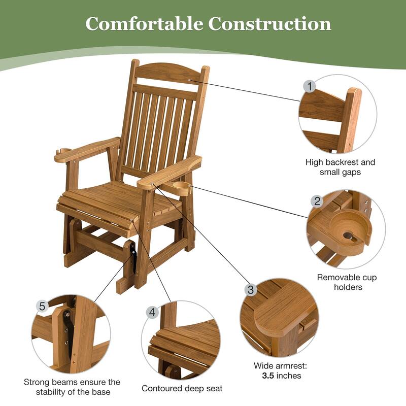 Poly Lumber Patio Glider for One Person with Cup Holders, HIPS Material, All-Weather Resistant
