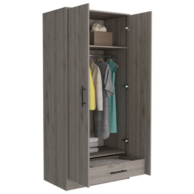 31.5" Modern Double-door Armoire with Metal Rod, Two Shelves and One Drawer