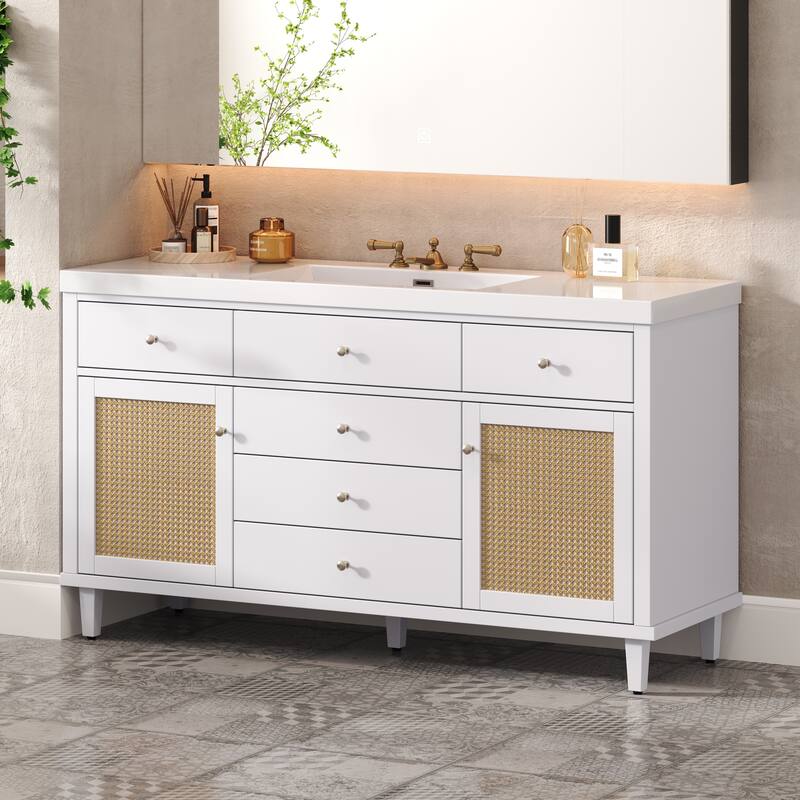 60" Large Rattan Bathroom Vanity Cabinet with SMC Sink