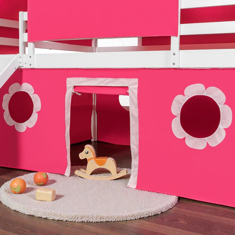 Kids Loft Bed with Slide, Tent and Tower, Solid Wood Castle Playhouse Loft