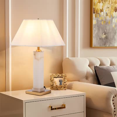 Alabaster White & Gold Desk Lamp, Metal Table Light with Rectangular Shade - 30"