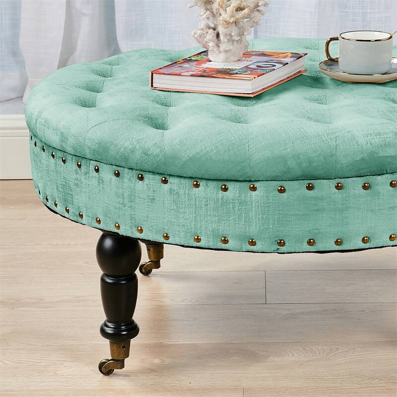 Round Velvet Tufted Coffee Table Ottoman, 34" x 34" x 17" H