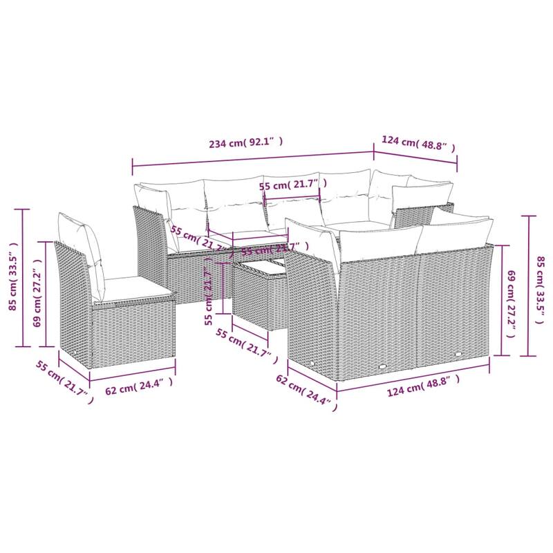 vidaXL Garden Sofa Set Grey PE rattan, Powder-coated steel, Tempered glass - 21.7 x 21.7 x 14.6