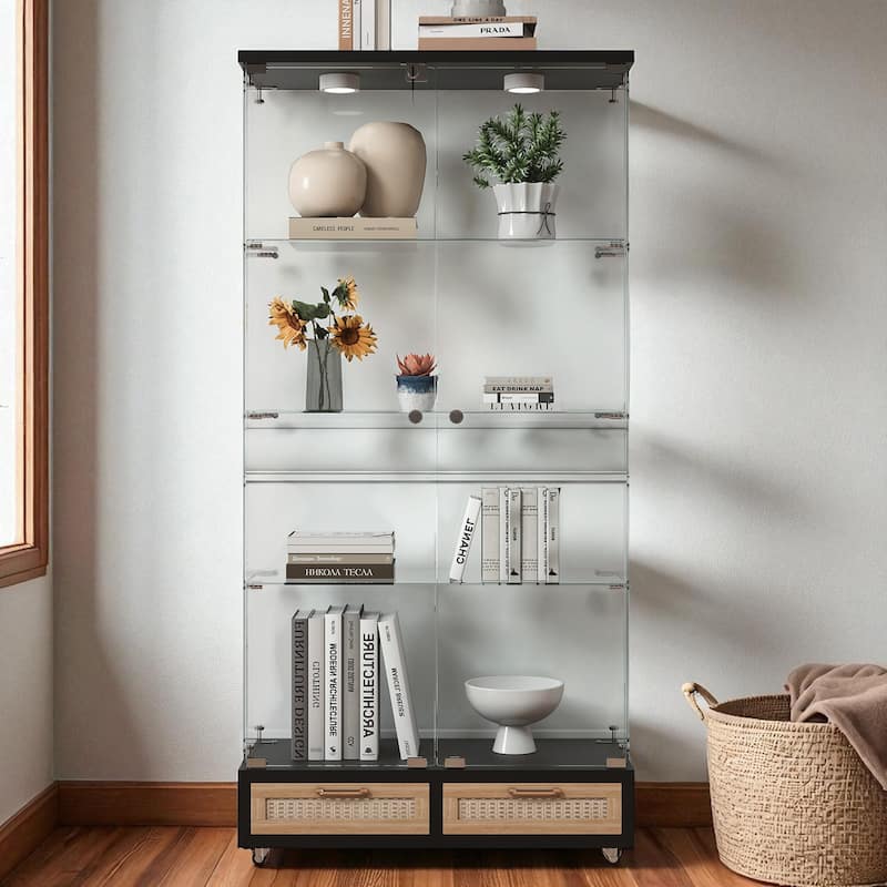 65.9" Modern Glass Display Cabinet with LED Lights, 2 Large Drawers & 4 Shelves, Lockable Storage Case