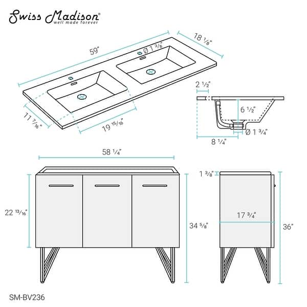 dimension image slide 3 of 4, Swiss Madison Annecy 60" Double, Two Doors, One Drawer, Bathroom Vanity