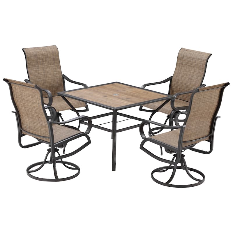 Outsunny 5-Piece Outdoor Patio Dining Set, 4 Swivel Rocker Chairs and 37" x 37" Dining Table Furniture Set with Umbrella Hole