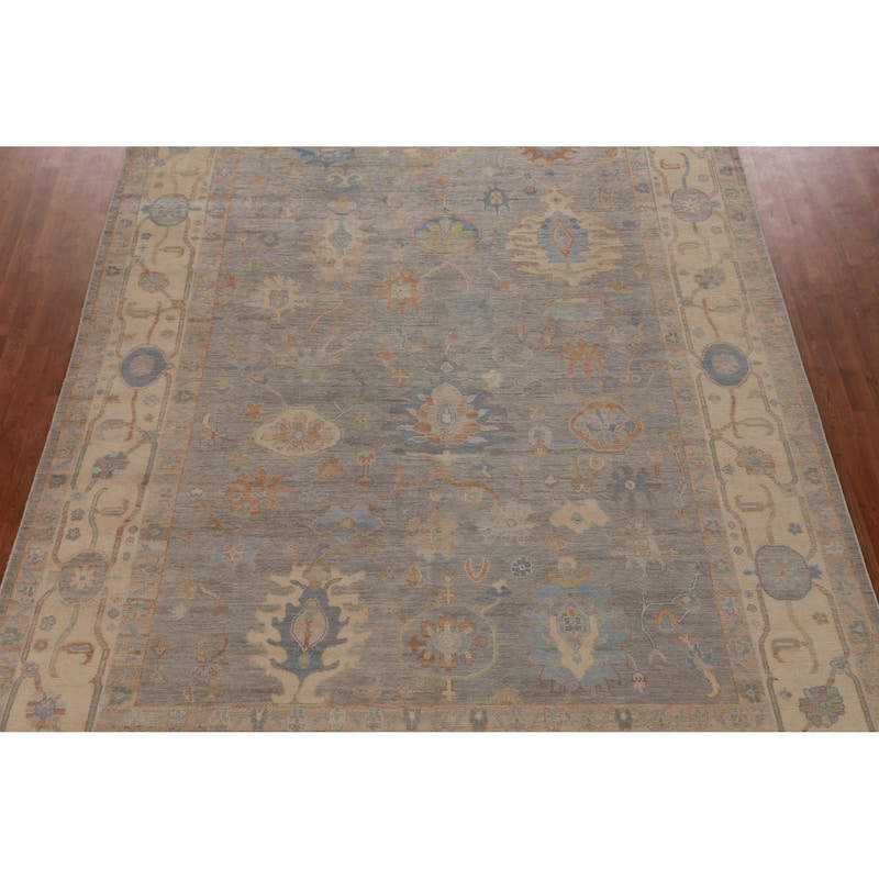 Hand Knotted Oriental 100% Wool Carpet Transitional All-Over Greys & Charcoal Oushak Area Rug - 12' 0'' X 8' 11''