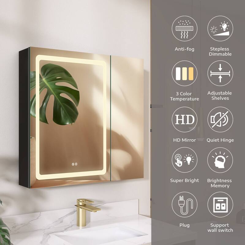 ZEAFIVE LED Black Bathroom Medicine Cabinet Surface Mount Defog Medicine Cabinet 3 Lights Dimmable