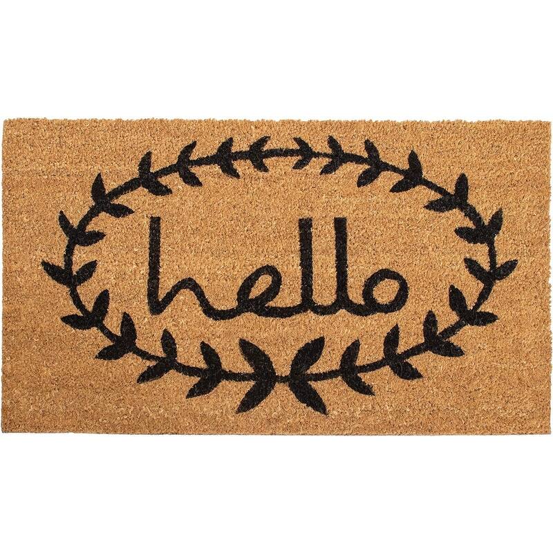 HomeRoots 17" X 29" Natural And Black Hello Outdoor Coir Door Mat - 17' X '29