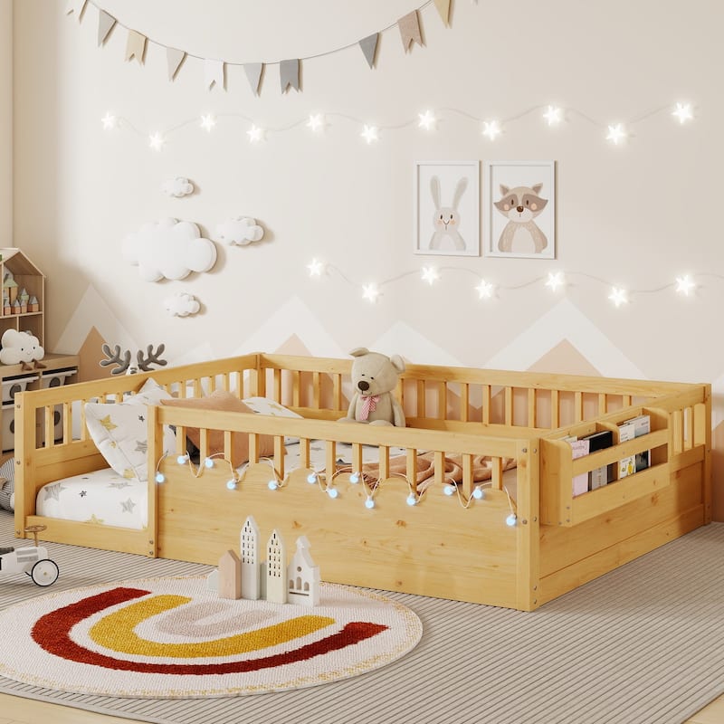 Full Size Floor Bed Safety Kids Bed with High Guardrails (19.6 inch), Concise Bed Frame for Boys Girls Kids Toddler, Natural