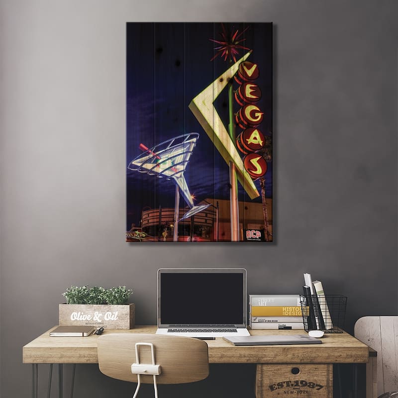 Neon Martini Glass And Vegas Signs At Night, Fremont East Entertainment District, Las Vegas Print On Wood by Julien McRoberts