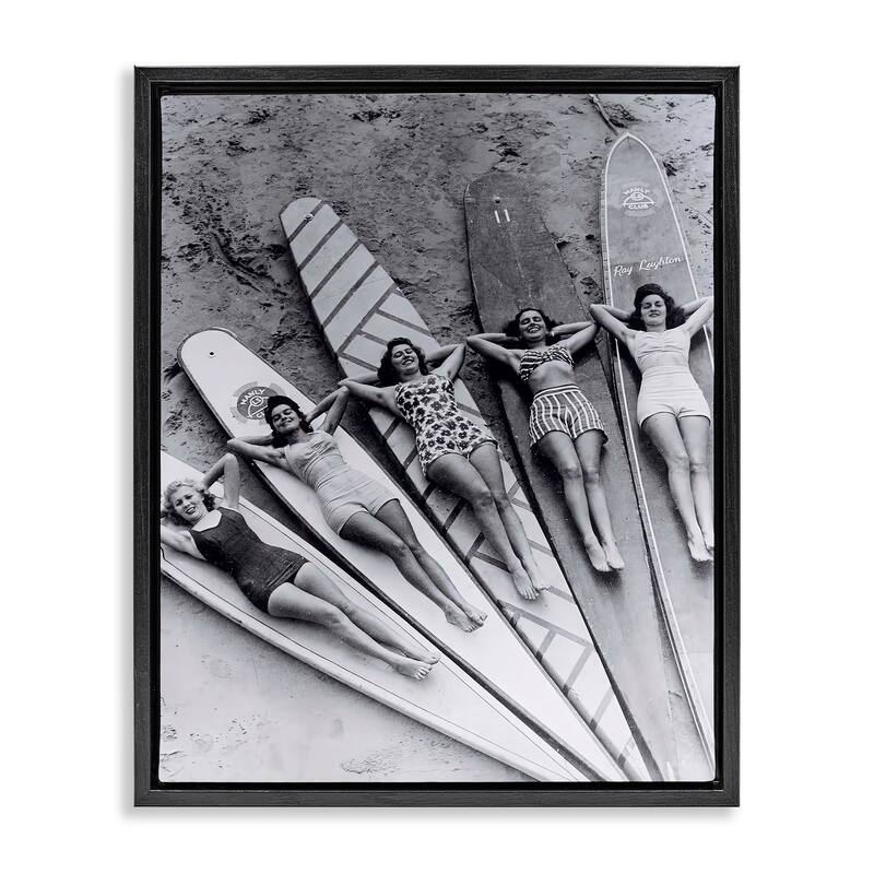 Stupell Vintage Women on Surfboards Framed Floater Canvas Wall Art Design By Arlington Prints - 17 x 21 - Black