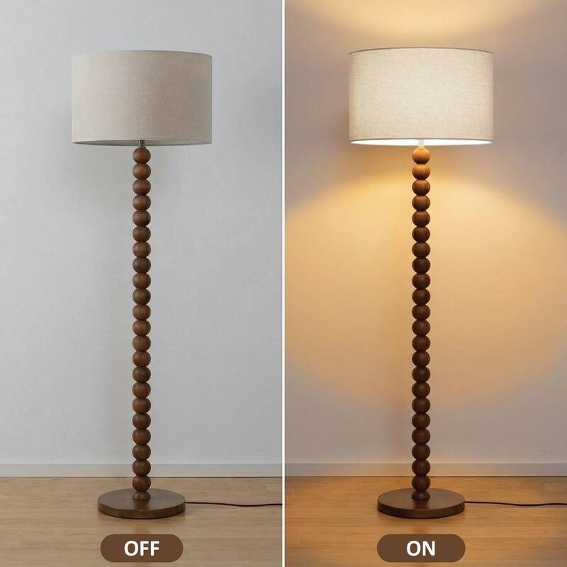61" Wooden Beaded Floor Lamp, Retro Walnut Finish Standing Lamp with Linen Shade, Rubberwood Base for Living Room, Bedroom