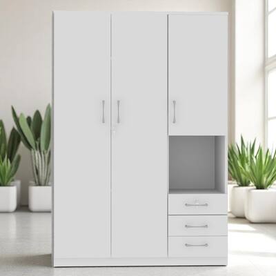 Modern Wood Wardrobe Closet with Shelves, Lockable Drawer and Hanging Rod, Bedroom Storage Armoire