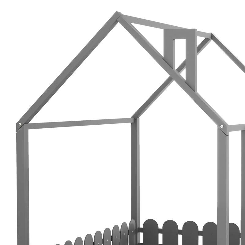 Full Size Montessori Bed Wooden Playhouse Platform Bed Frame with FenceShaped Guardrails, for