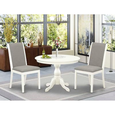 3-Piece Linen White Finish Solid Wood Top - Round Dining Room Set with High Back - Seats 4