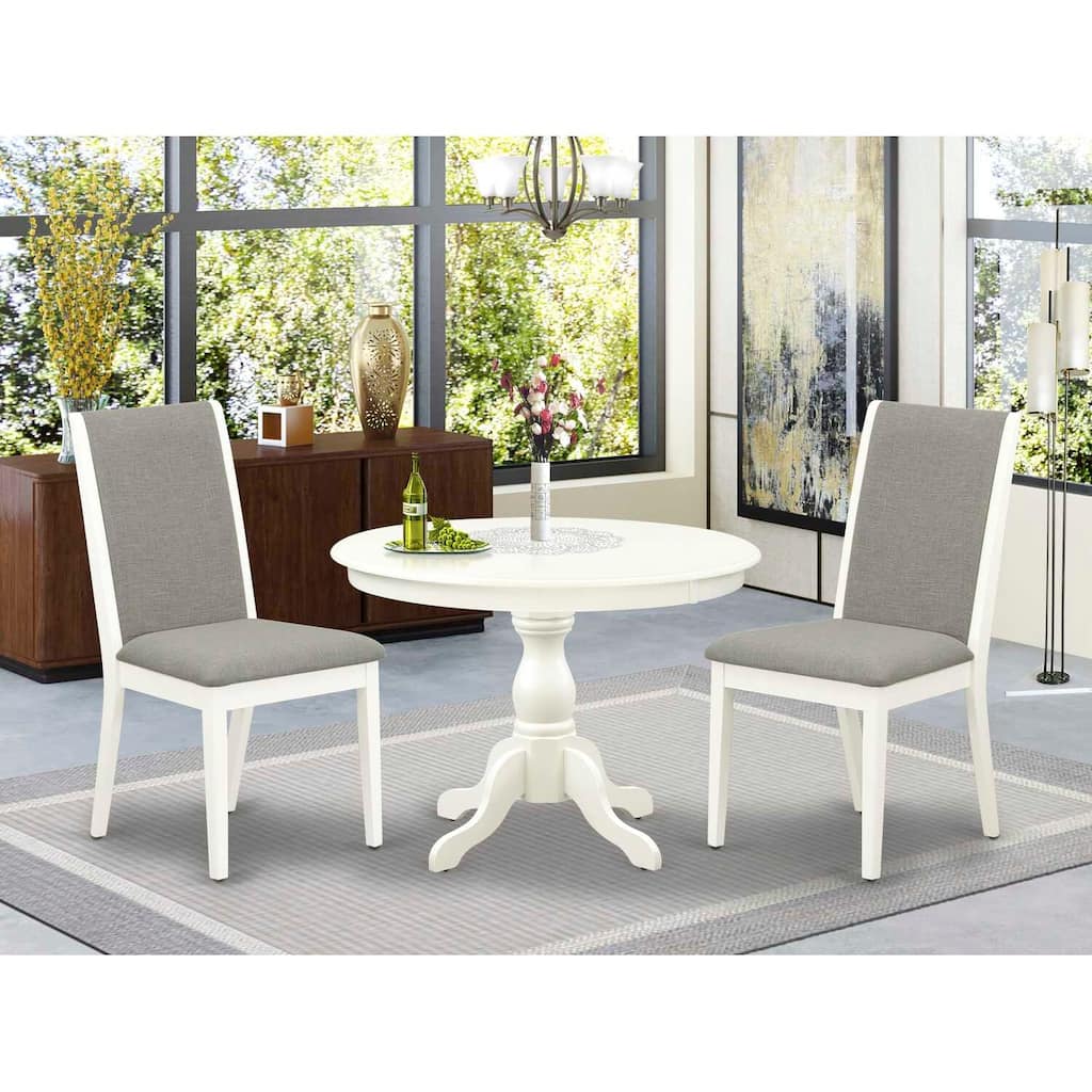 3-Piece Linen White Finish Solid Wood Top - Round Dining Room Set with High Back - Seats 4