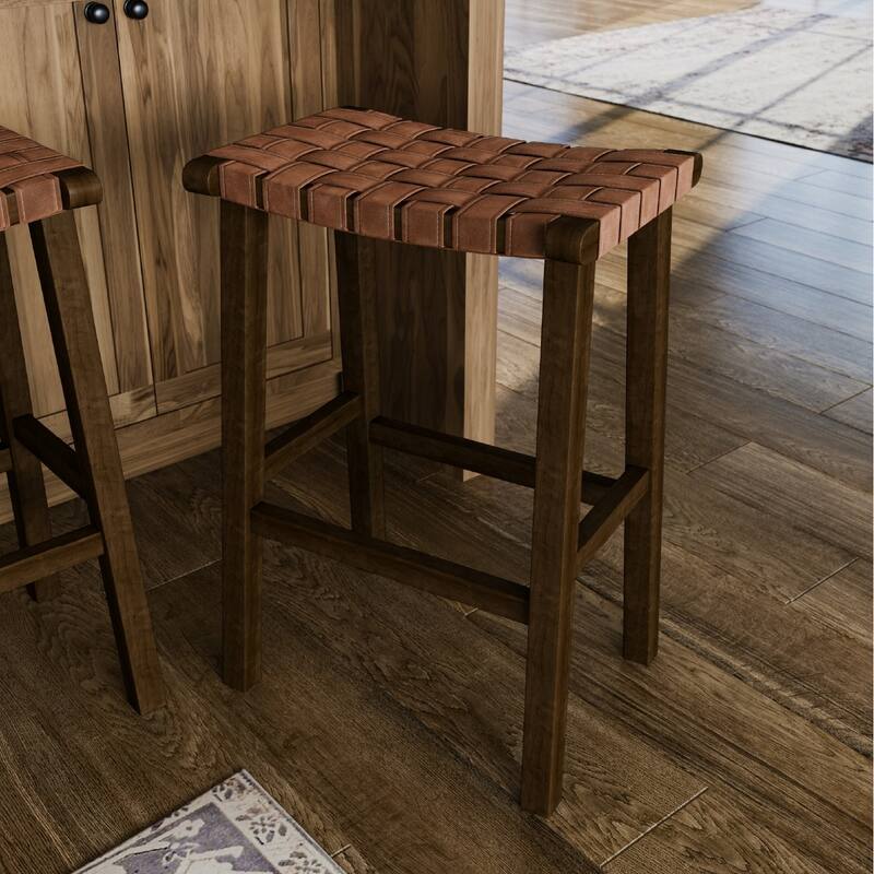 Maven Lane Noah Backless Kitchen Dining Stool with Vegan Leather - Aged Brown - Bar Height