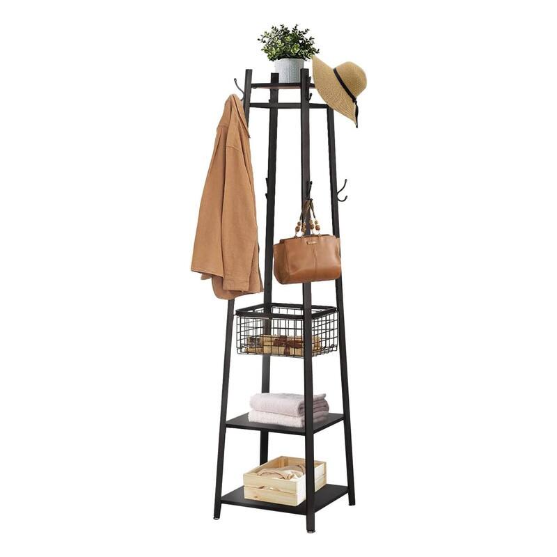 Coat Rack Freestanding,Hall Tree with Metal Basket - Matte Black